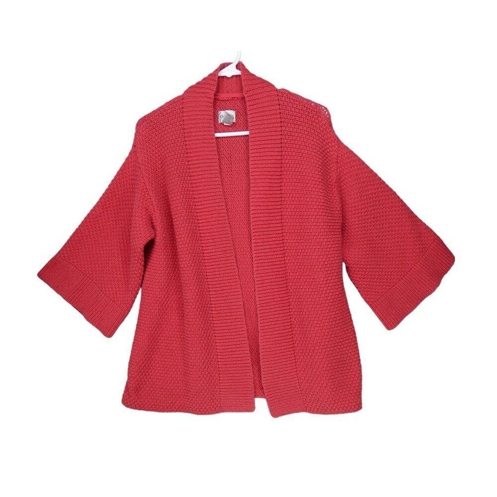 Chico's Open Knit Cardigan Sweater Pink Size 2 (L/12) 3/4 Bell Sleeve Chunky